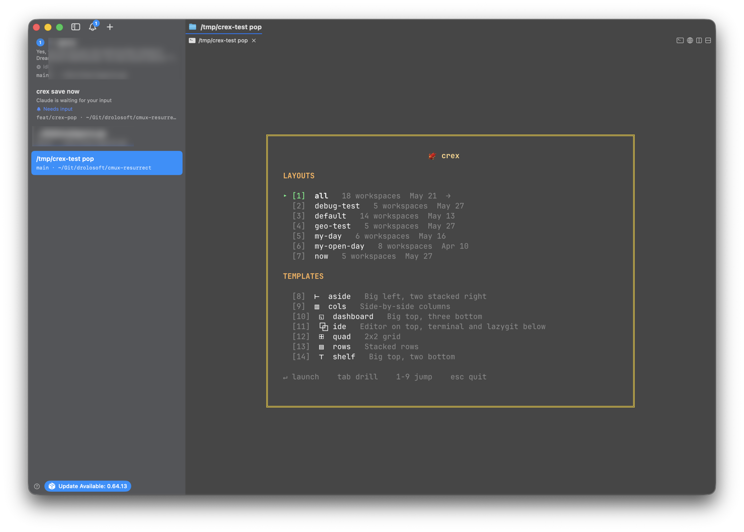 crex pop — instant workspace picker with fuzzy search