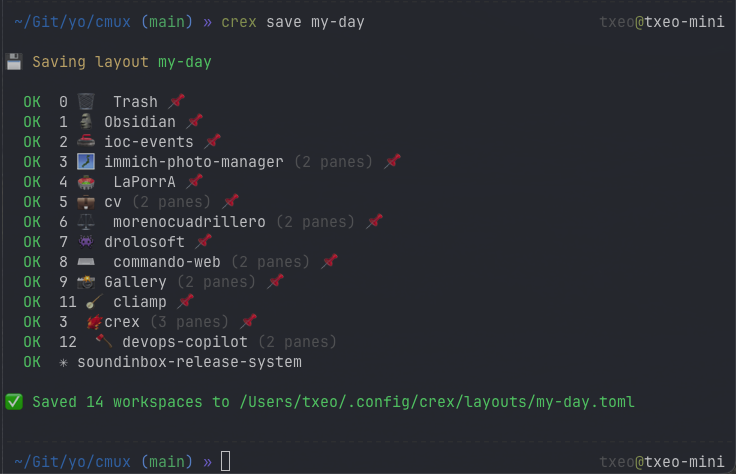 crex save my-day — 14 workspaces saved in one command